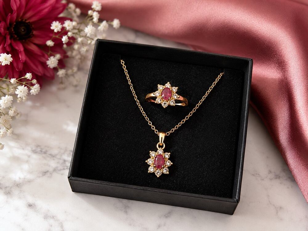 Necklace & Ring Set | Synthetic Ruby Glass Rhinestone Gold Tone Delicate Pendant